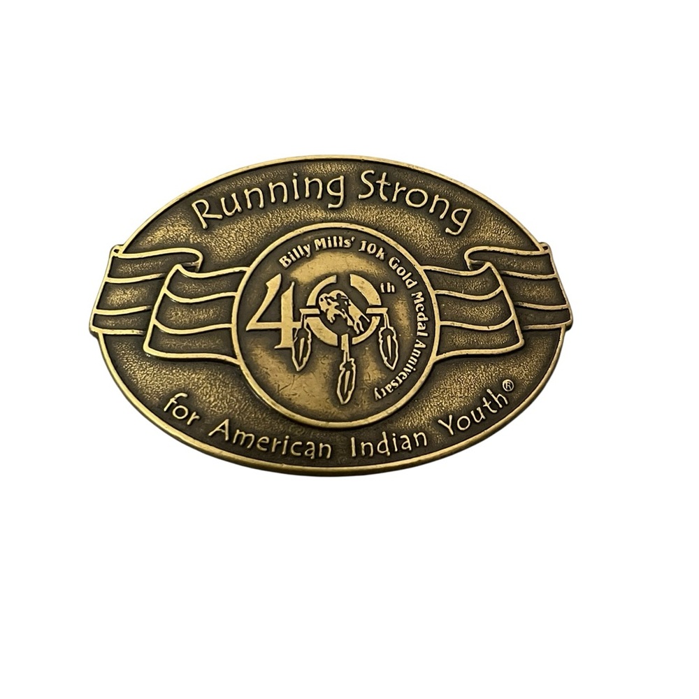 VTG Running Strong For American Indian Youth Brass Belt Buckle Billy Mills 40th